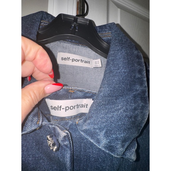 Self Portrait Denim Vest Peplum Flare Pants Set Blue Button Front Size 10 - Picture 13 of 13